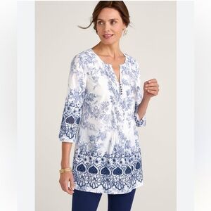 Soft Surroundings Nimes Tunic Sz Med Petite Blue White Cotton Nautical Coastal